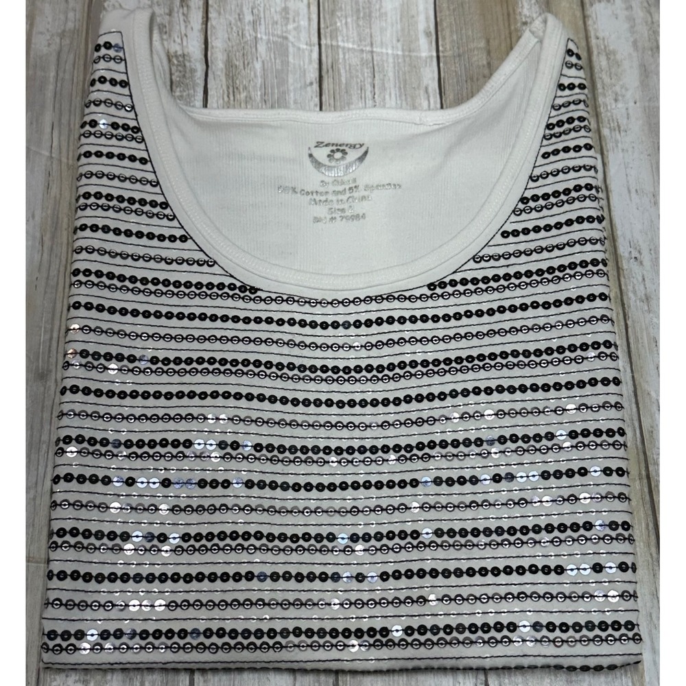 Zenergy By‎ Chico's White Sleeveless Sequin Embellished Tank Top size 2(U.S. 12)